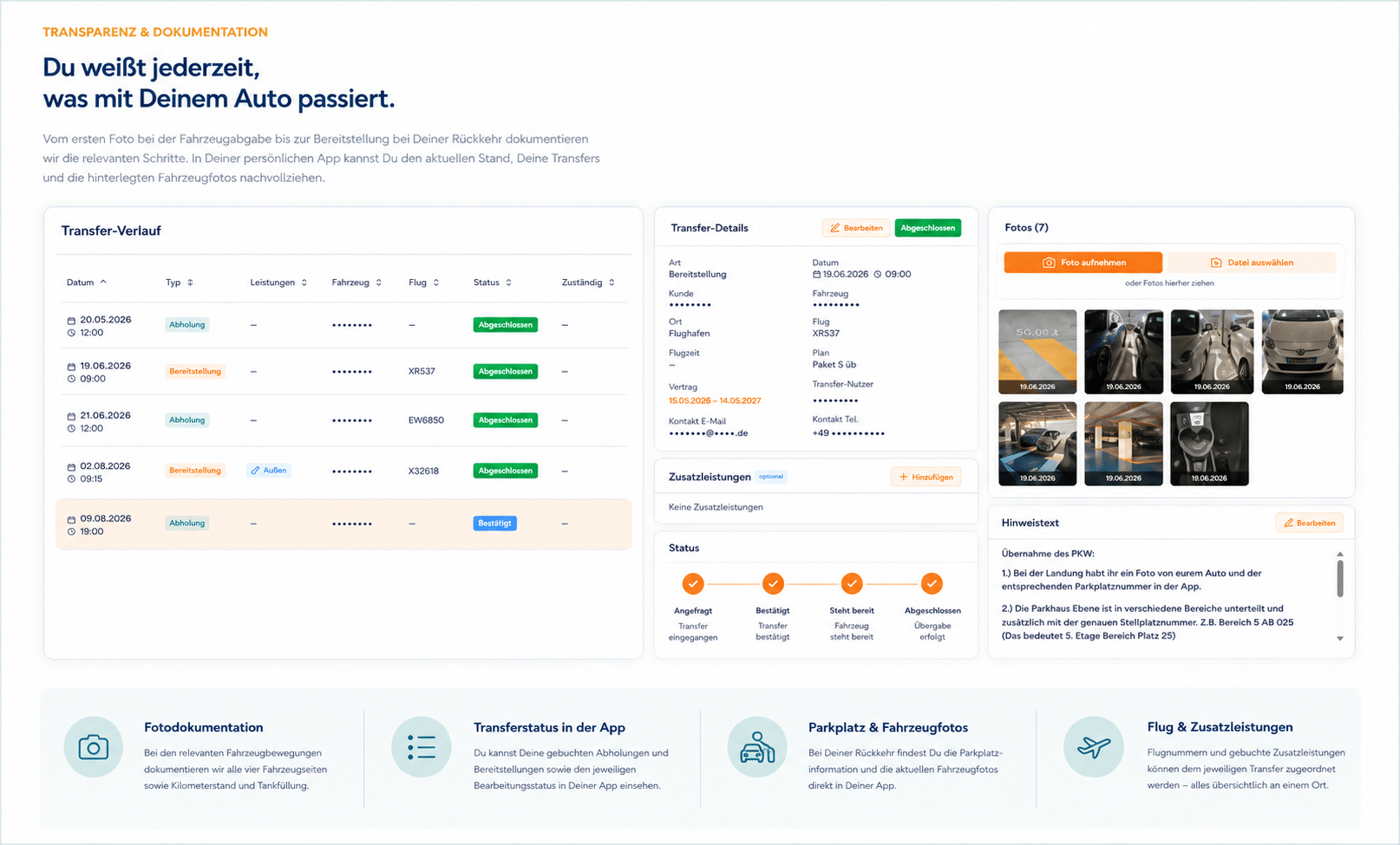Finka Flitzer App mit Transferstatus, Fahrzeugfotos und Dokumentation