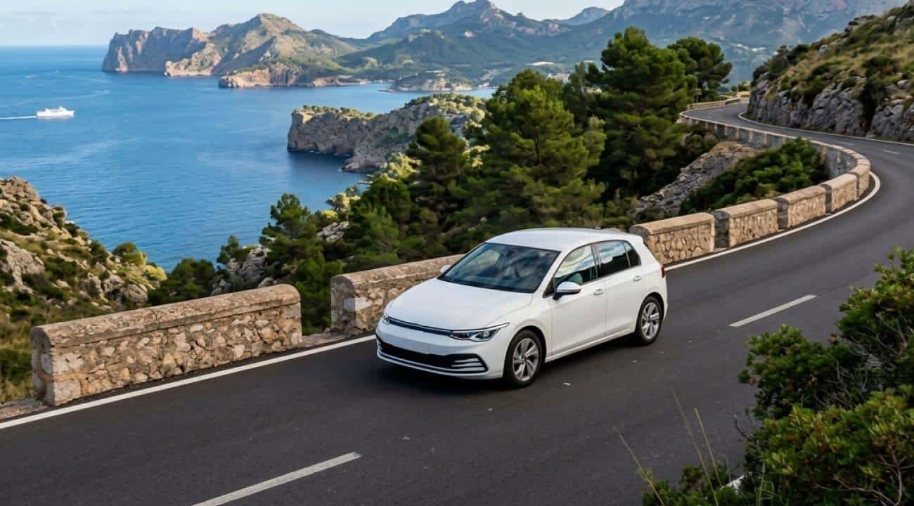 Weißer VW Golf auf einer Küstenstraße auf Mallorca – Finka Flitzer Langzeitmiete