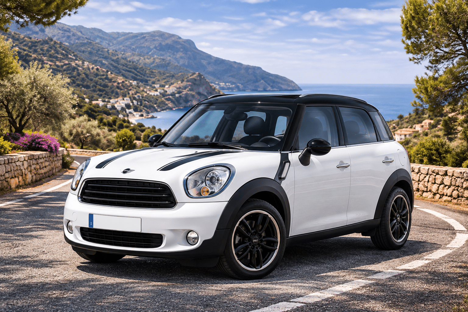 MINI Countryman S weiß mit schwarzem Dach – Mietwagen auf Mallorca bei Finka Flitzer